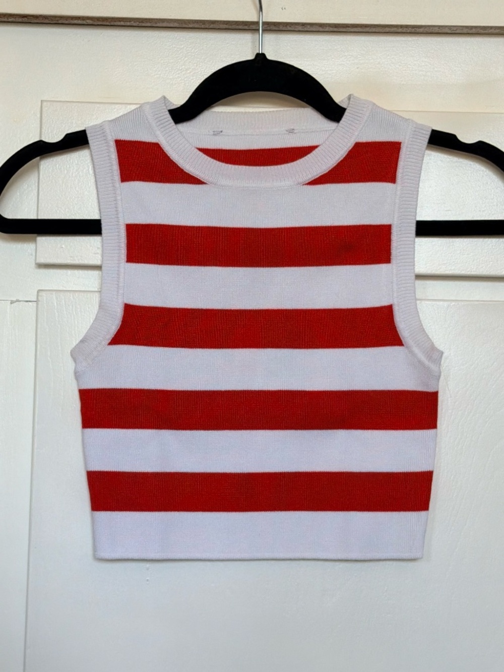 Red White Striped Knit Crop Tank Top